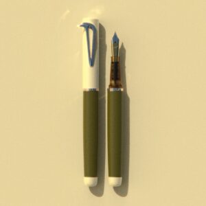Beaklet Athens writing instrument, capped and uncapped, with a pale cap and olive barrel.
