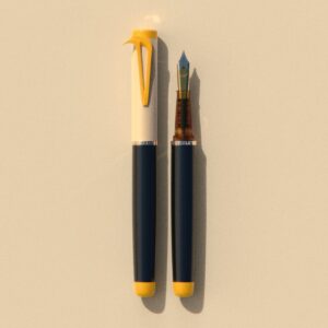 Beaklet The Hornbill writing instrument, capped and uncapped, with an ivory cap, black barrel and yellow beak-shaped clip.